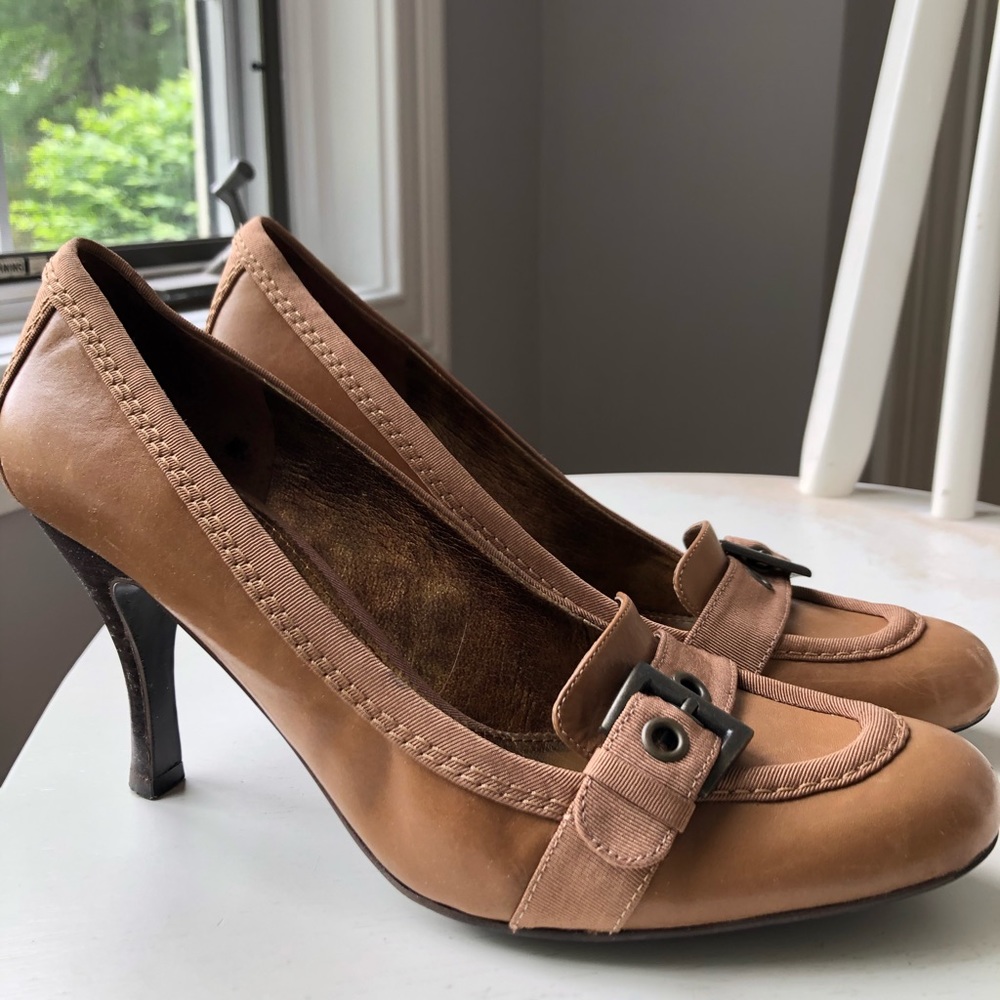 Brown buckle heels